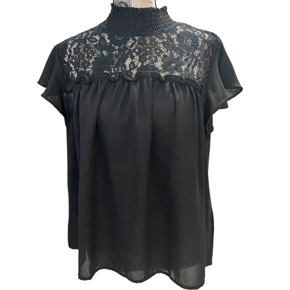 Reese Tops - Reese women Medium Blouse Black Sparkle Lace Sheer flutter sleeve Goth Wednesday
